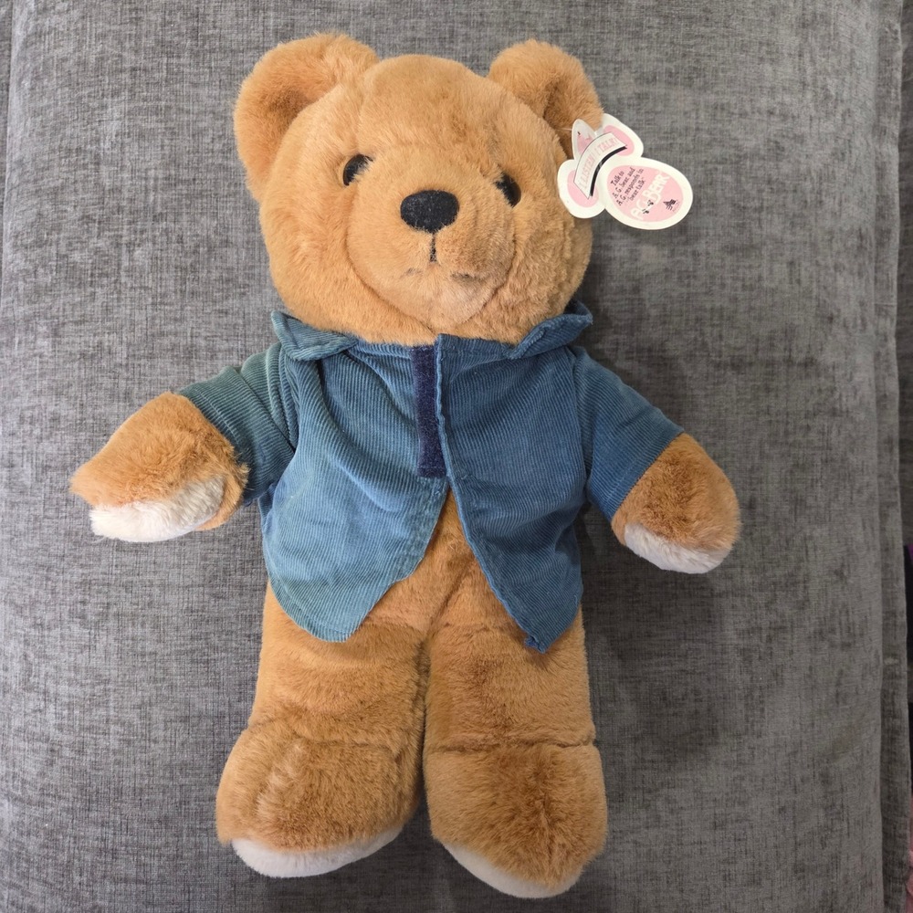 Vintage Axlon AG Bear Talking Plush Brown Teddy Bear Blue Corduroy Jacket AG5040